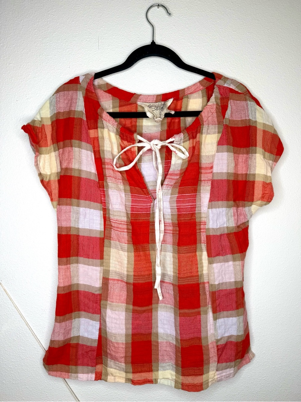 Ace & Jig Top Red Plaid Tie-Neck Women’s Boho cap short sleeve cottagecore